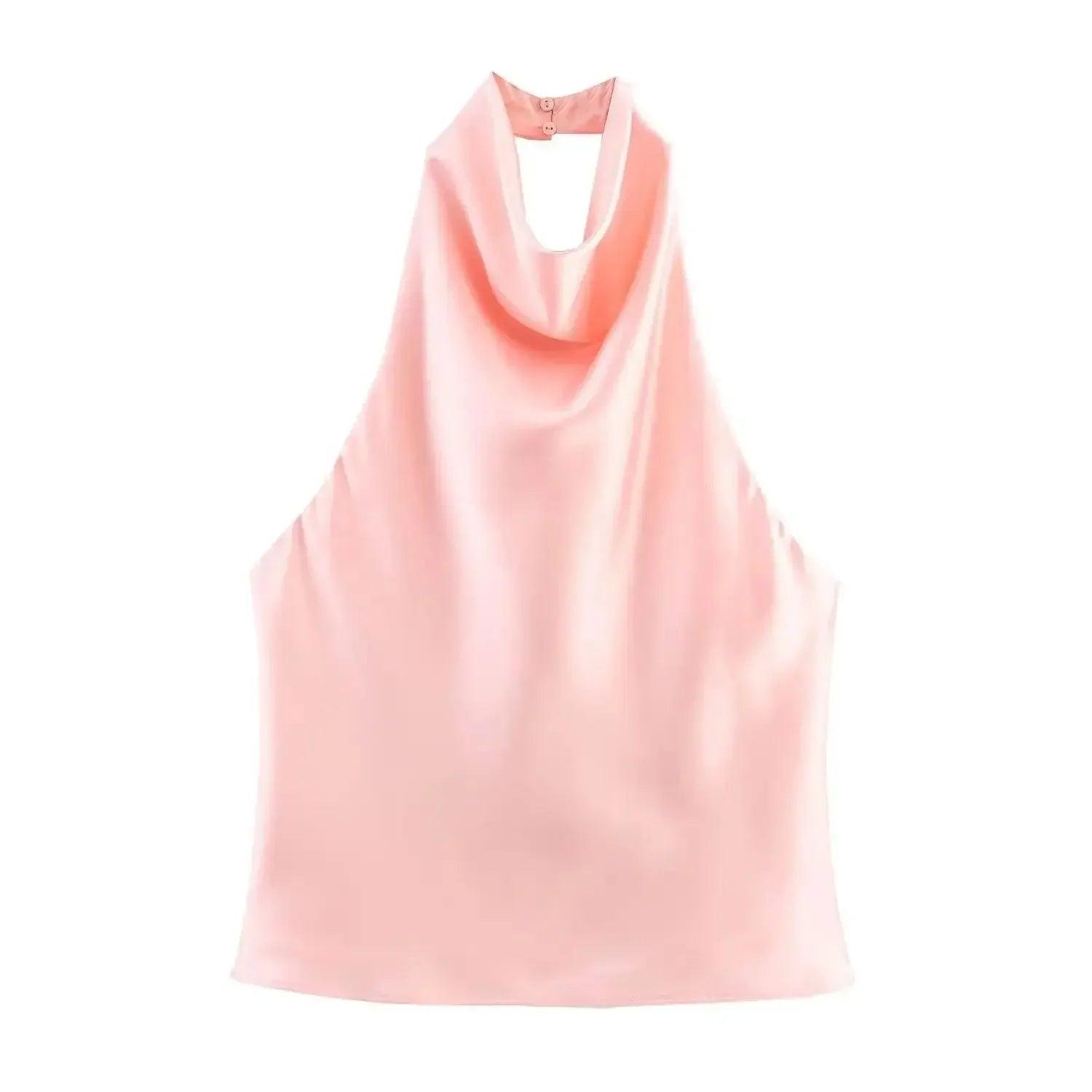 Pink satin halter neck top with cowl neckline, elegant women's fashion blouse