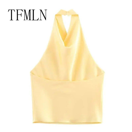 Yellow halter neck crop top for women, stylish fashion blouse