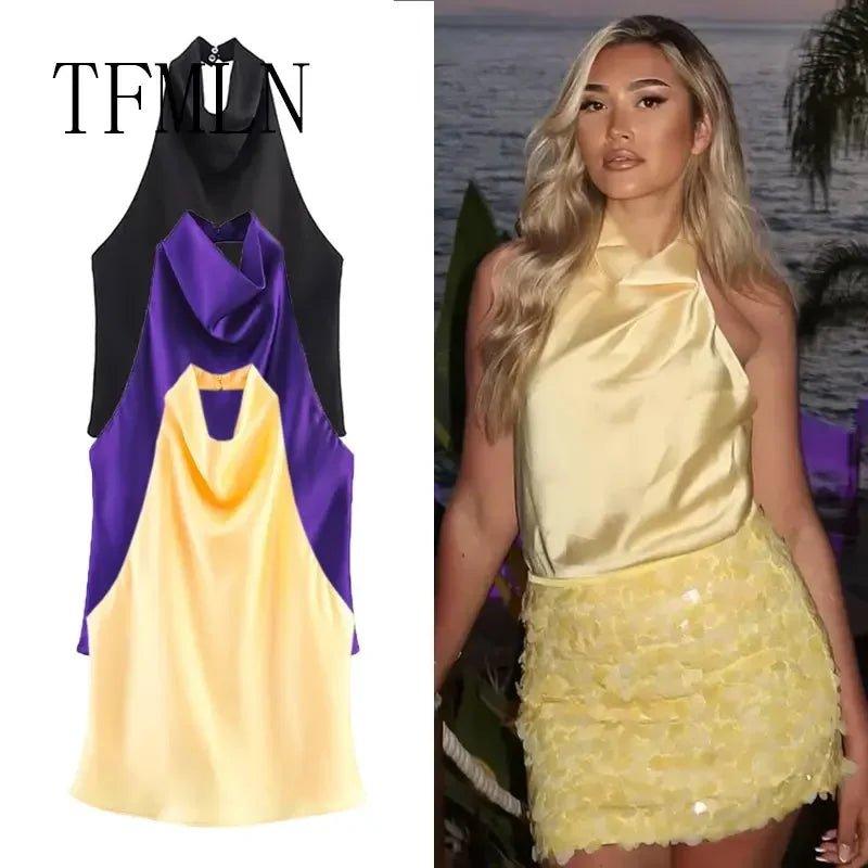 Women's satin halter top in black, purple, yellow — chic fashion for beach nights