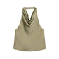 Olive green satin halter top with cowl neckline, women's fashion