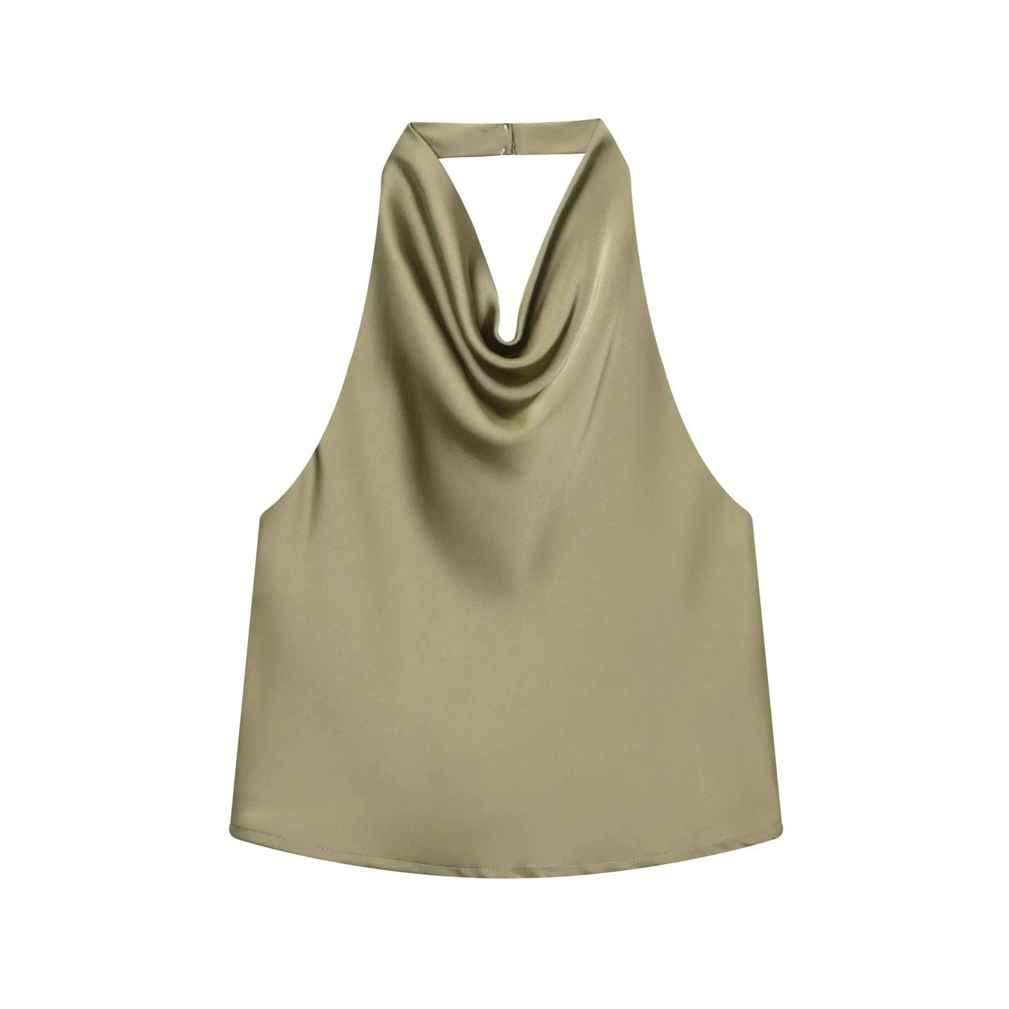 Olive green satin halter top with cowl neckline, women's fashion
