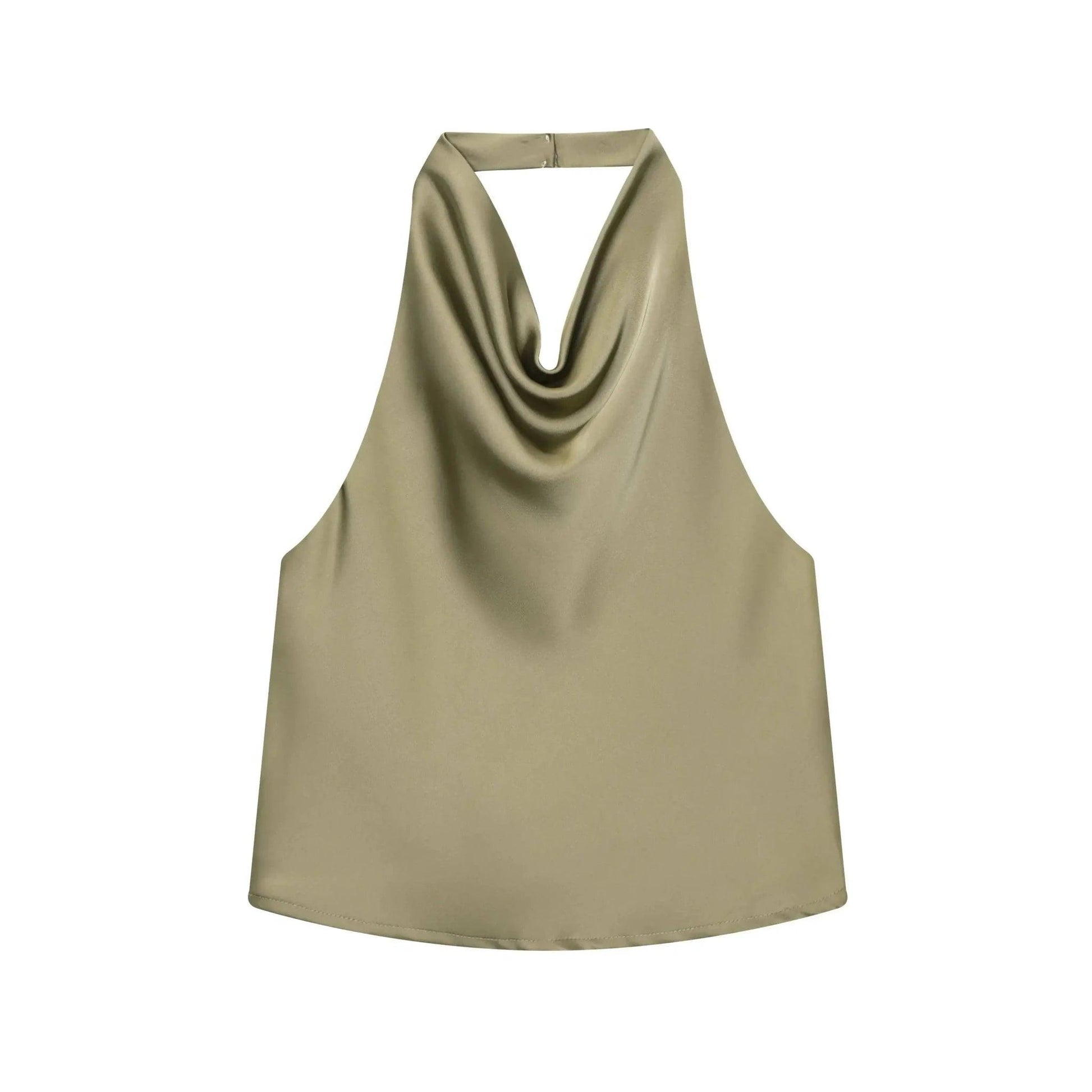 Olive green satin halter top with cowl neckline, women's fashion