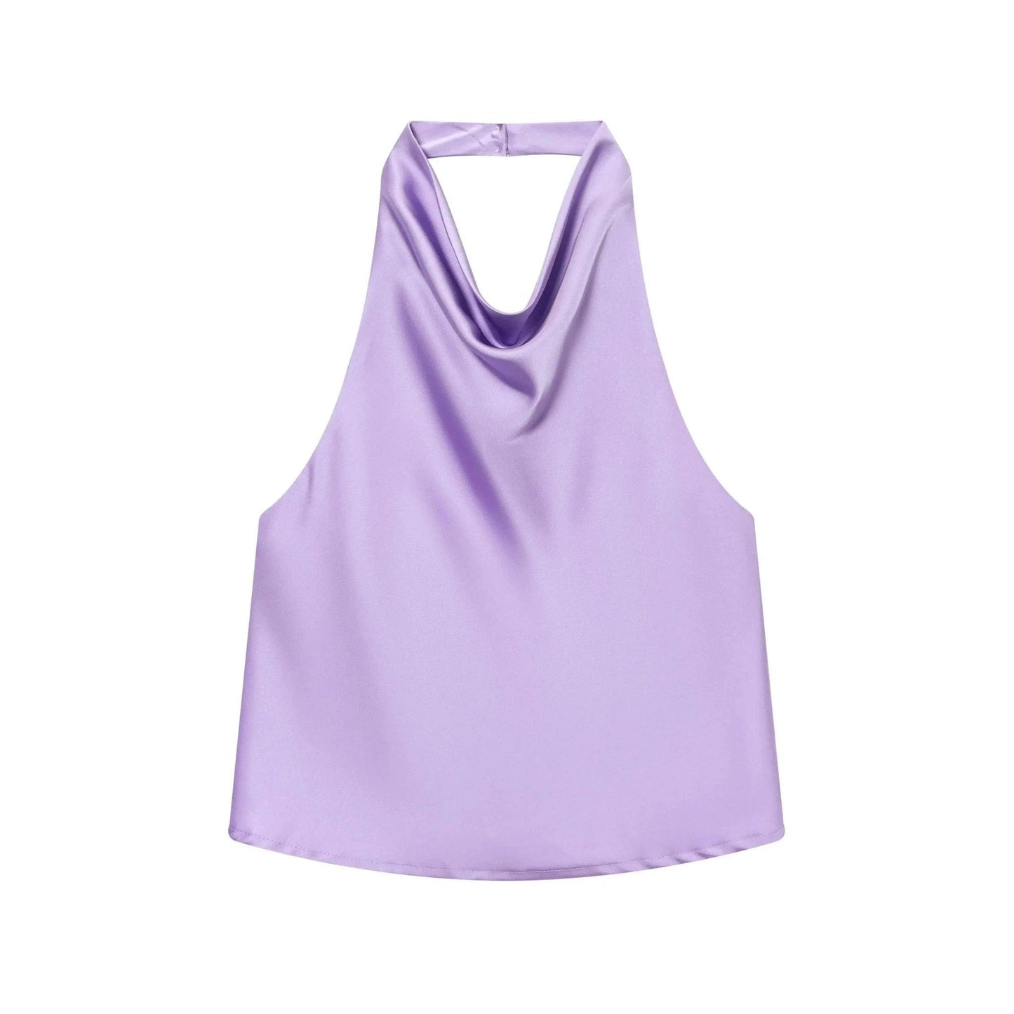 Lavender satin halter neck top for women's fashion, elegant sleeveless blouse with cowl neckline