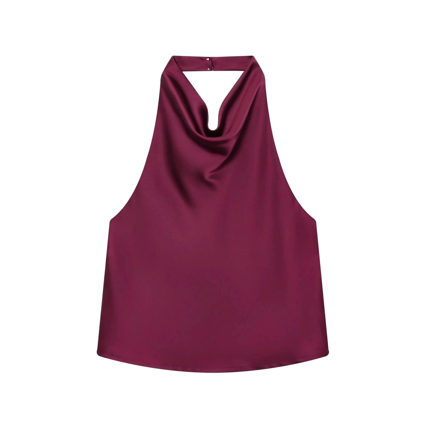 Burgundy halter neck sleeveless top with cowl neckline, women's fashion
