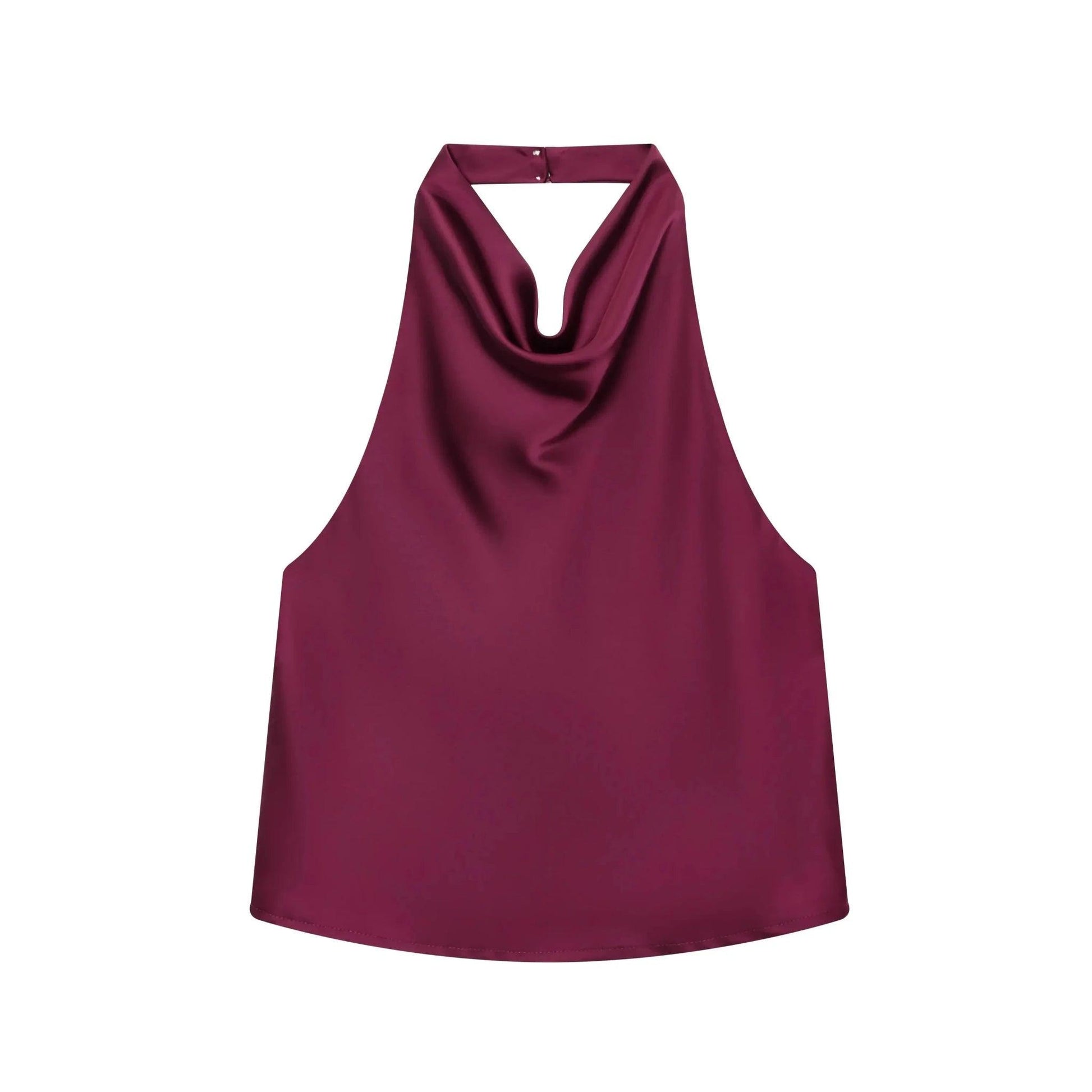 Burgundy halter neck sleeveless top with cowl neckline, women's fashion