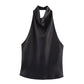 Black satin halter neck top for women, elegant sleeveless fashion blouse