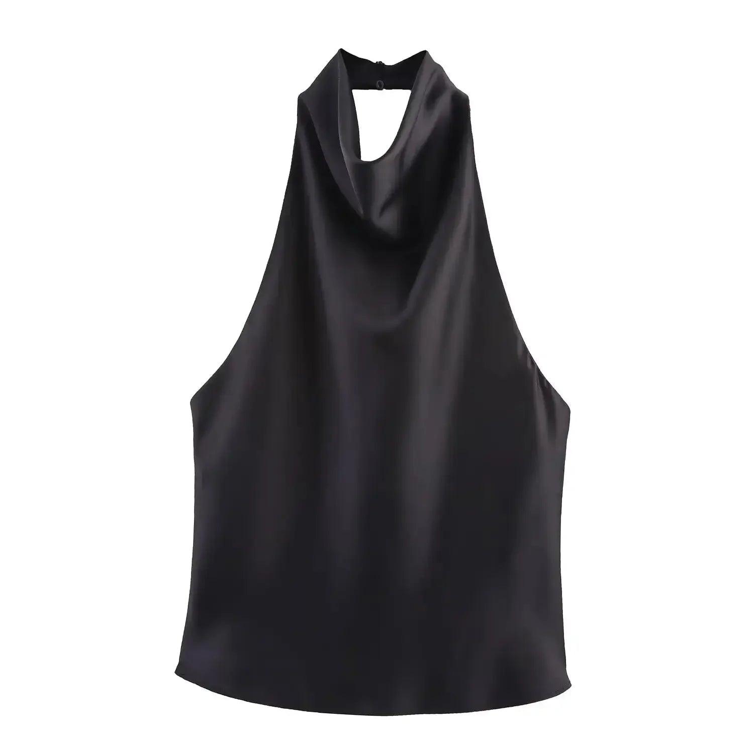 Black satin halter neck top for women, elegant sleeveless fashion blouse