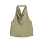 Olive green satin halter top with cowl neckline, women's fashion