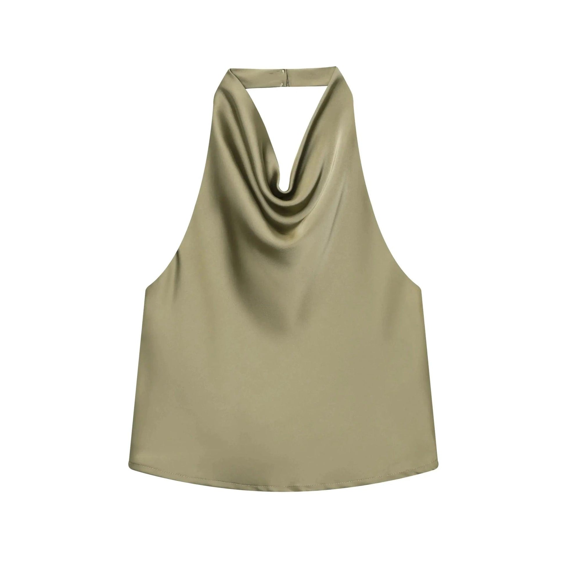 Olive green satin halter top with cowl neckline, women's fashion