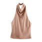 Elegant rose gold satin halter top with cowl neckline, perfect for women's fashion and evening wear.