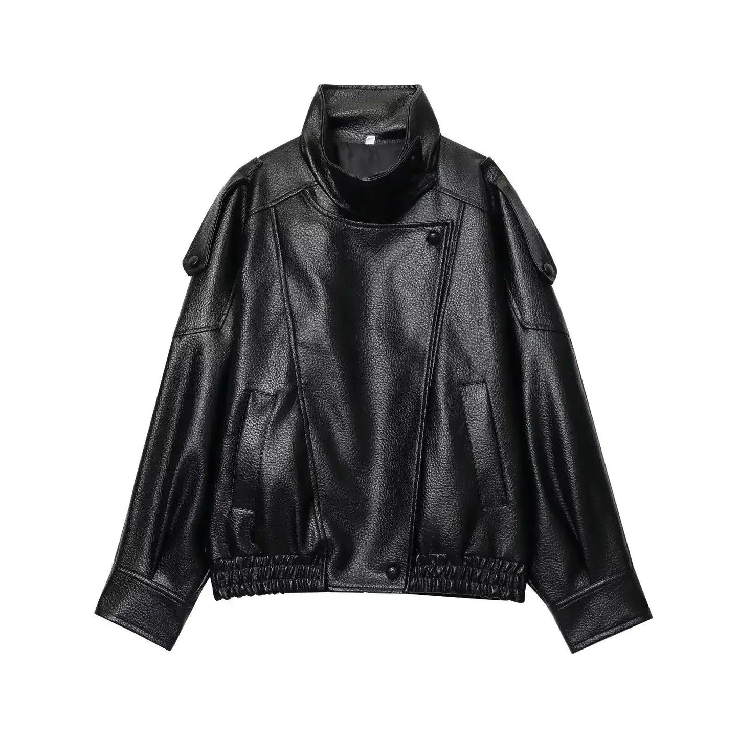 Black women's faux leather moto jacket with shoulder straps and elastic hem, stylish fashion outerwear