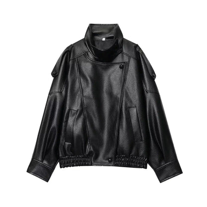 Black women's faux leather moto jacket with shoulder straps and elastic hem, stylish fashion outerwear