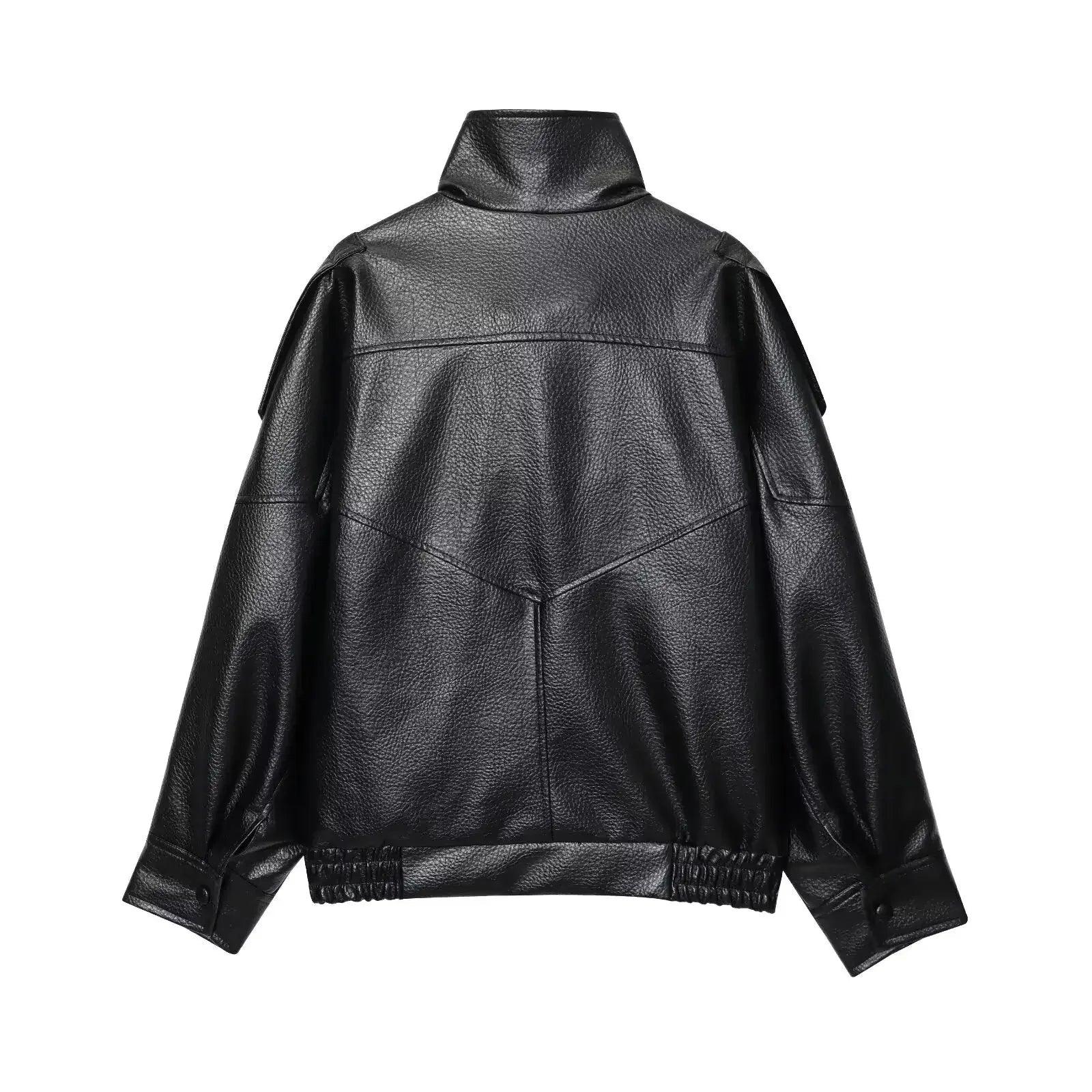 Black women's faux leather jacket with high collar and puff sleeves, back view