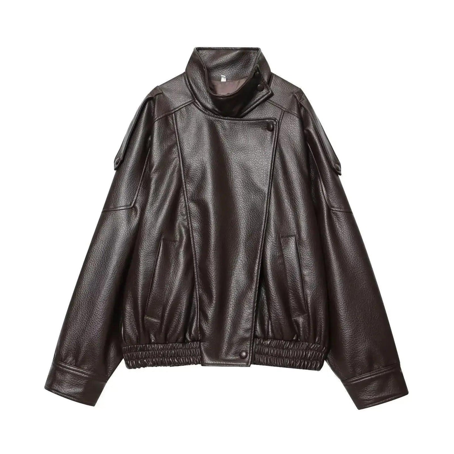 Women's black faux leather moto jacket with high collar and front pockets, stylish fashion outerwear
