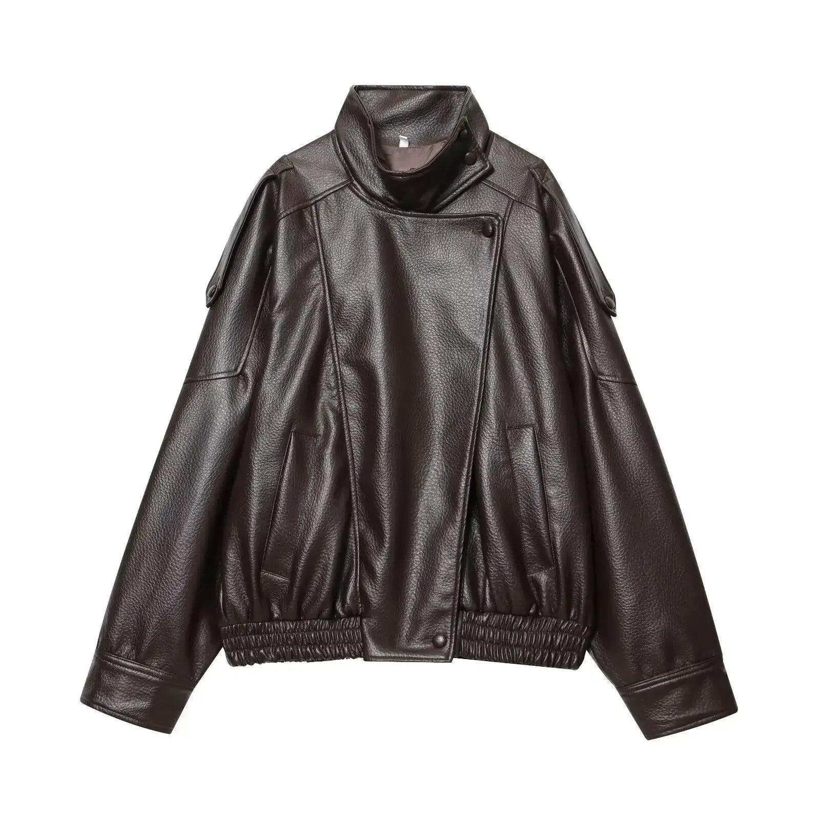 Women's black faux leather moto jacket with high collar and front pockets, stylish fashion outerwear