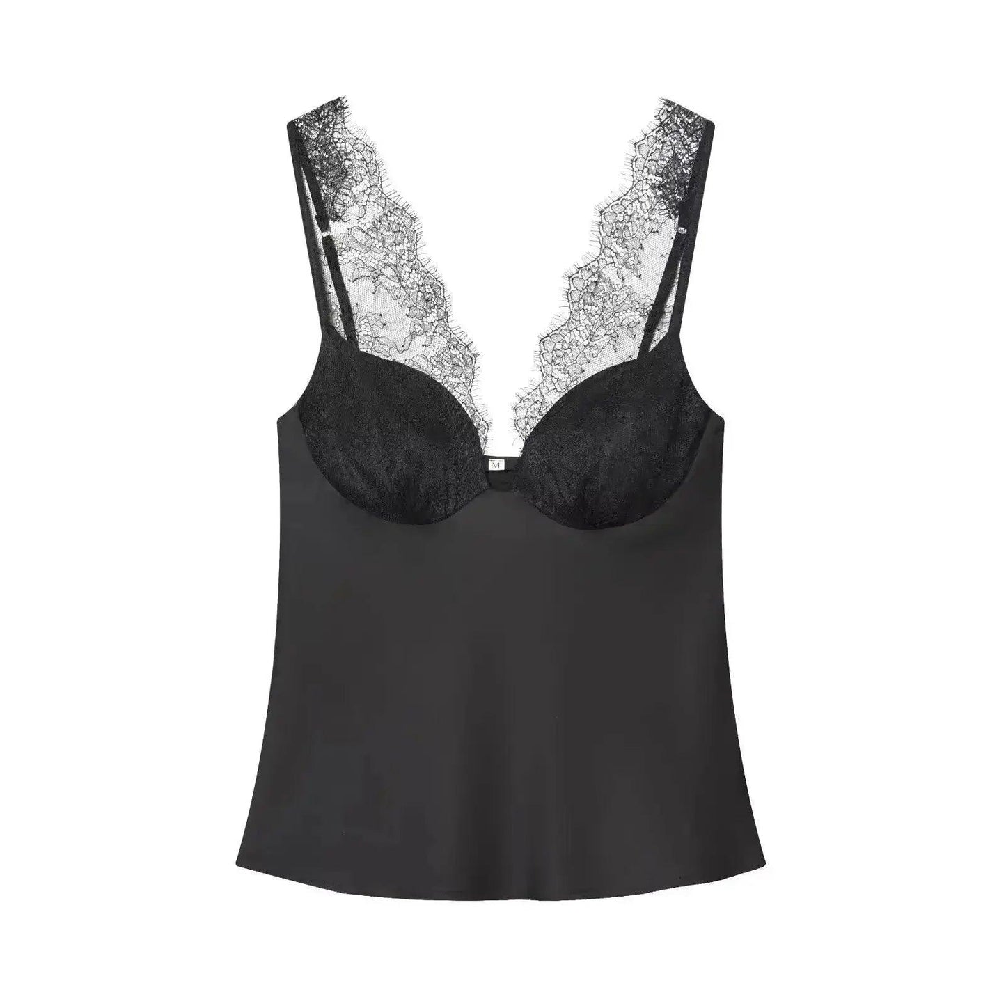 Black lace camisole with sheer V-neck detailing, women's fashion top