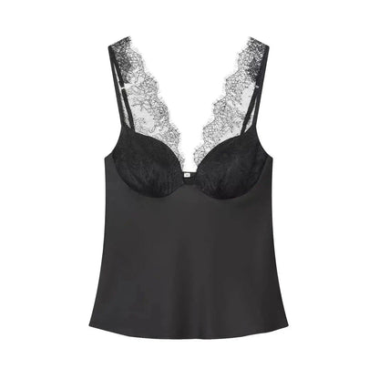 Black lace camisole with sheer V-neck detailing, women's fashion top