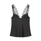 Black lace-trimmed satin camisole top for women's fashion