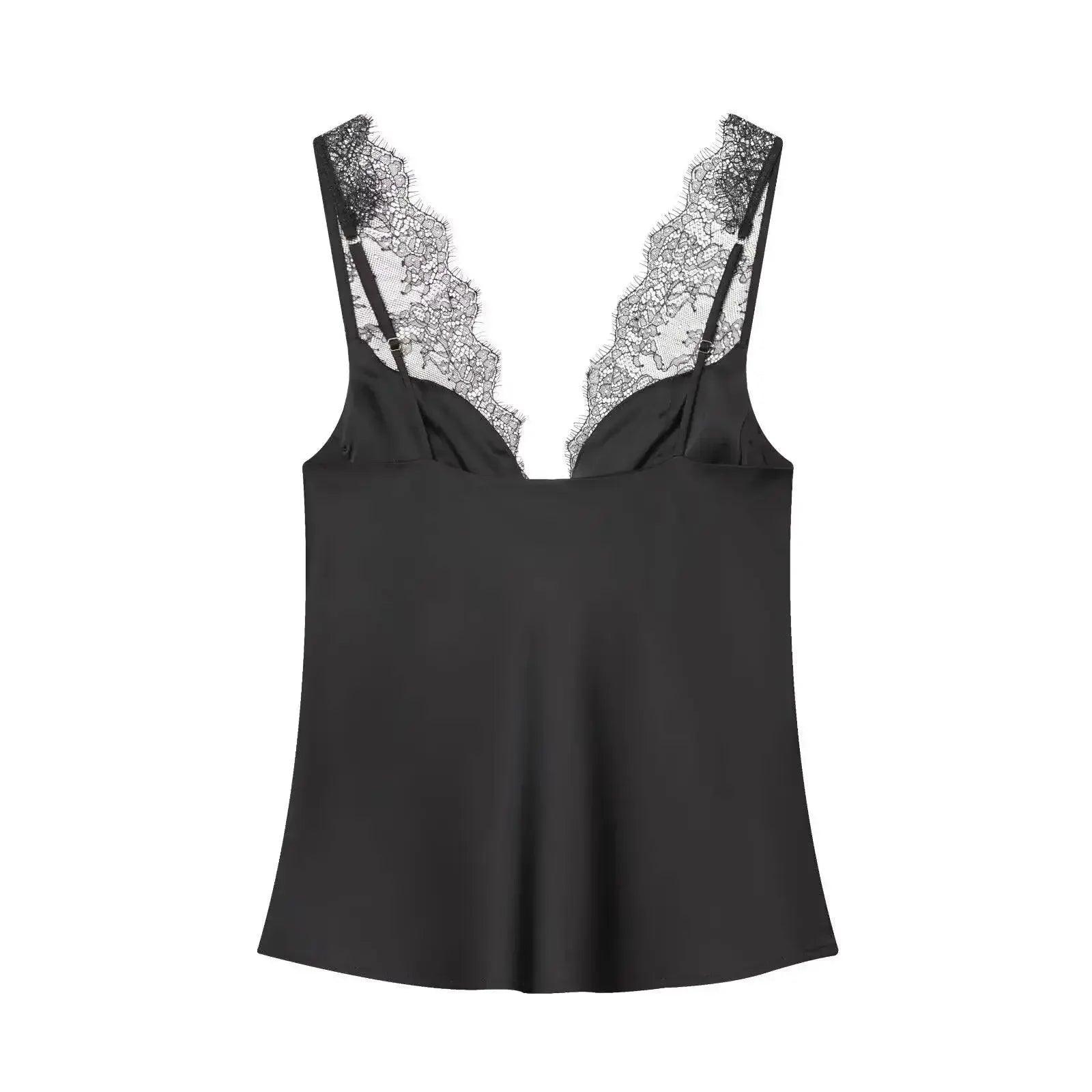 Black lace-trimmed satin camisole top for women's fashion