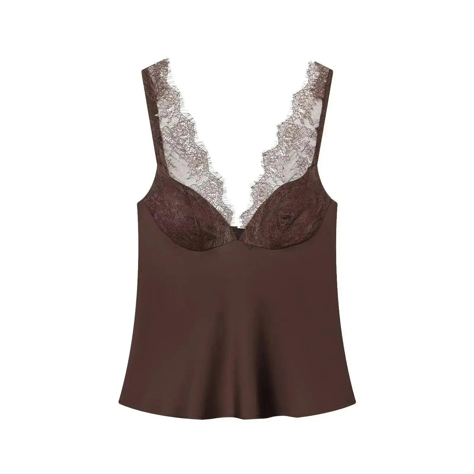 Brown lace-trimmed camisole top for women's fashion