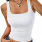 White square neck crop tank top with ruched detail, styled with denim jeans and heart pendant necklace