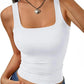 White square neck crop tank top for women, paired with denim jeans and heart pendant necklace