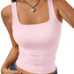 Pink square neck crop tank top for women, paired with denim jeans and heart necklace