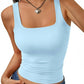Light blue square neck crop tank top for women, paired with denim jeans and heart pendant necklace