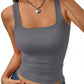 Gray square neck tank top for women, stylish casual fashion wear with ruched waist detail