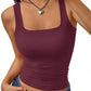 Burgundy square neck crop tank top with ruched waist, paired with jeans and heart pendant necklace