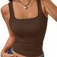 Brown square neck crop tank top for women, paired with denim jeans and heart pendant necklace
