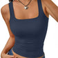 Navy blue square neck crop tank top for women, paired with denim jeans and heart pendant necklace