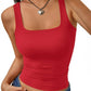 Red square neck crop tank top for women, paired with denim jeans and heart necklace