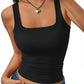 Black square neck crop tank top with ruched waist, paired with denim jeans and heart pendant necklace