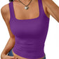 Purple square neck crop tank top for women, paired with denim jeans and heart necklace