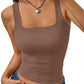 Brown square neck crop tank top for women, paired with denim jeans and heart necklace