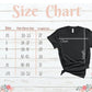 Women's black T-shirt size chart with chest and length measurements for XS to 2XL