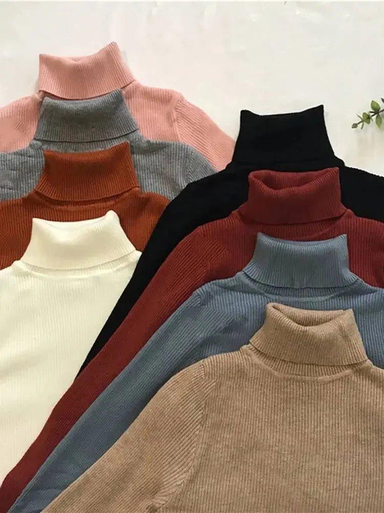 Women's ribbed turtleneck sweaters in assorted colors for fashion and comfort