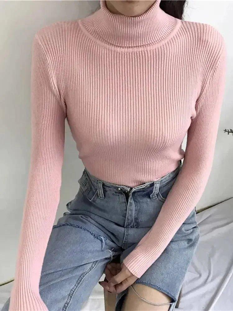 Pink ribbed turtleneck sweater with high-waisted jeans, women's fashion