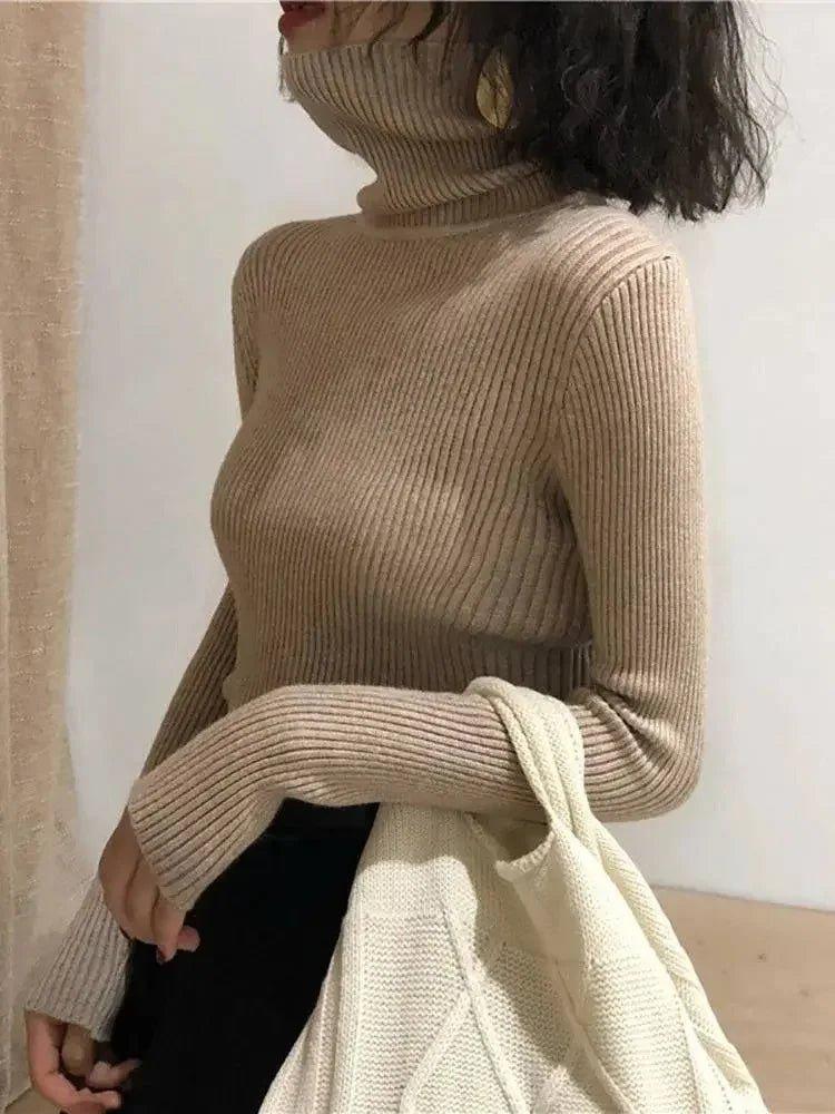 Beige ribbed turtleneck sweater for women, stylish and cozy fashion top