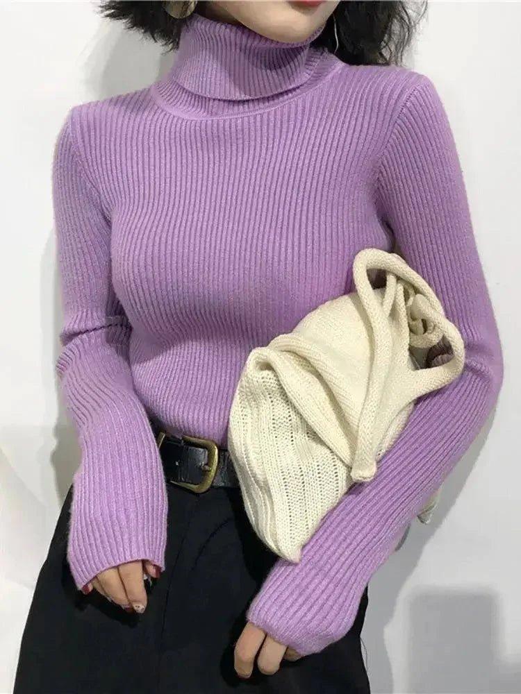 Purple ribbed turtleneck sweater with black pants and cream knit bag, women's fashion outfit