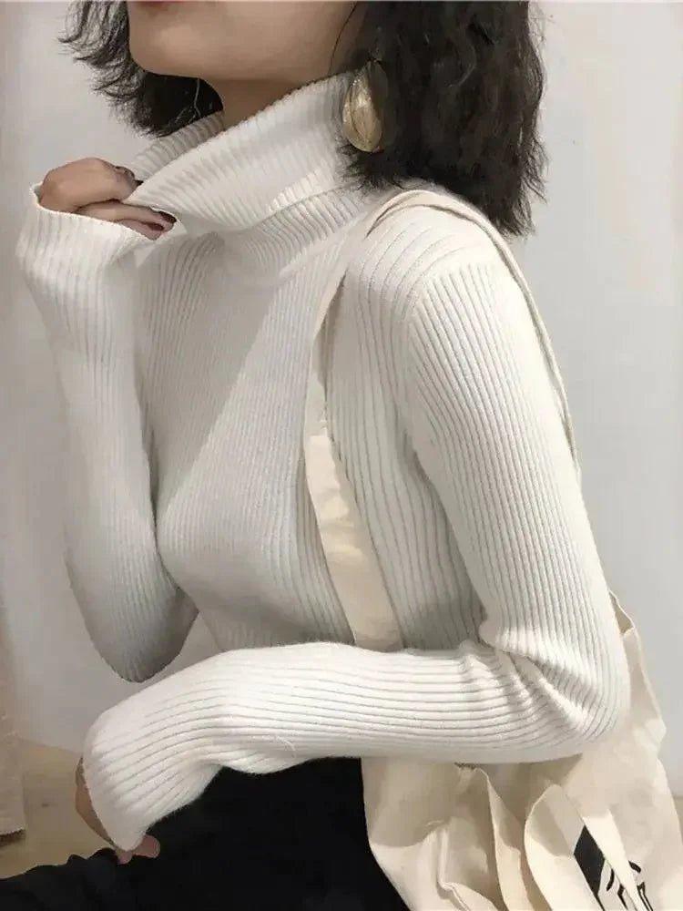 White ribbed turtleneck sweater for women, stylish long sleeve knit top, fashion winter outfit
