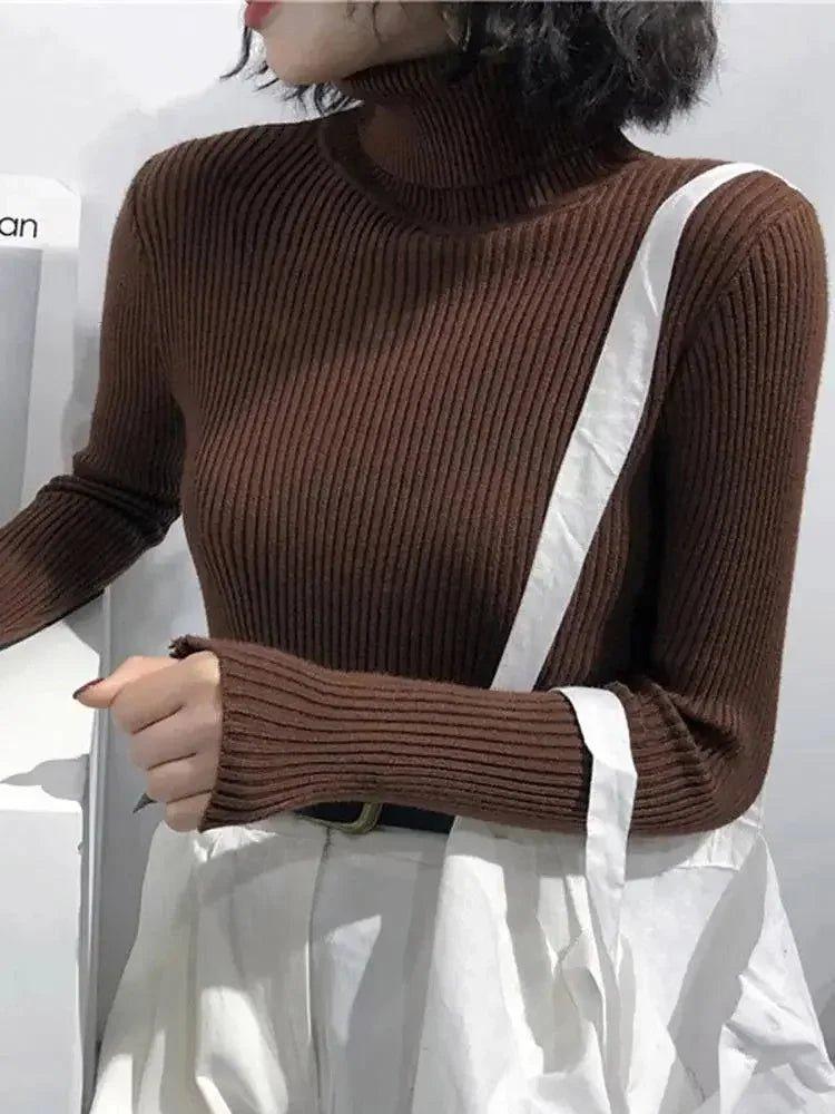 Brown ribbed turtleneck sweater for women, stylish fall fashion top with white pants