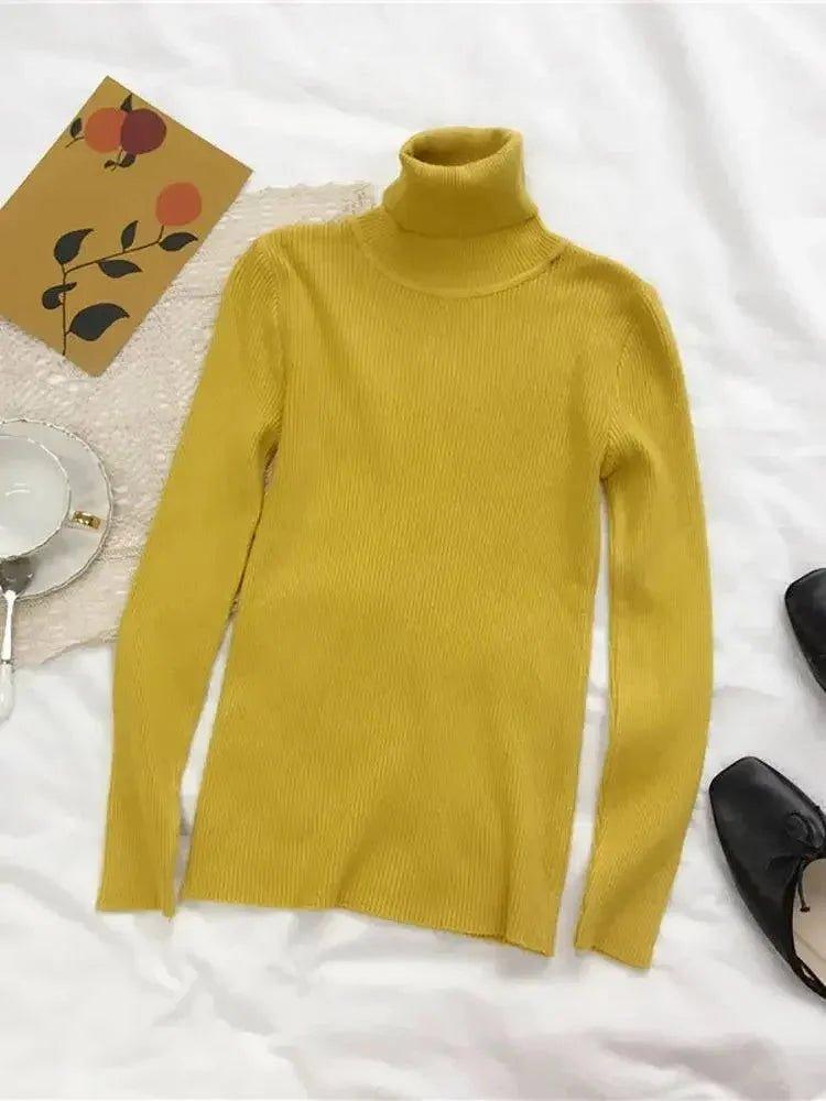 Mustard yellow ribbed turtleneck sweater for women's fashion