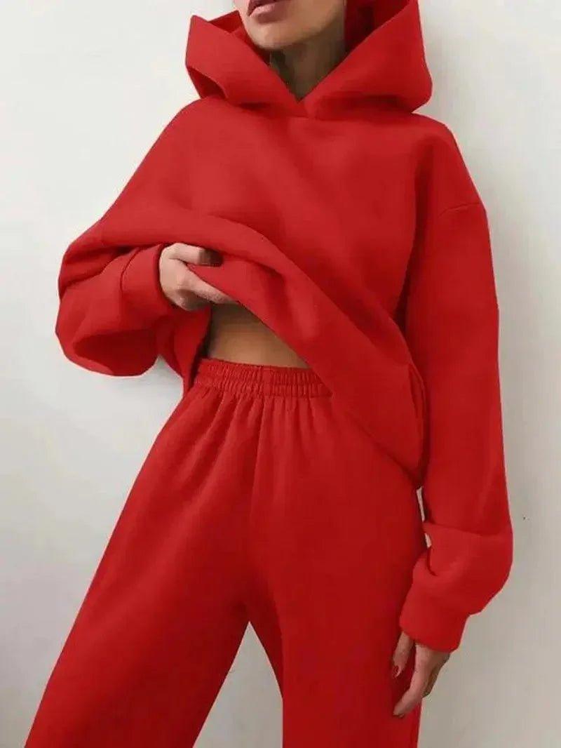 Red women's hoodie and jogger set, cozy fashion loungewear for casual style