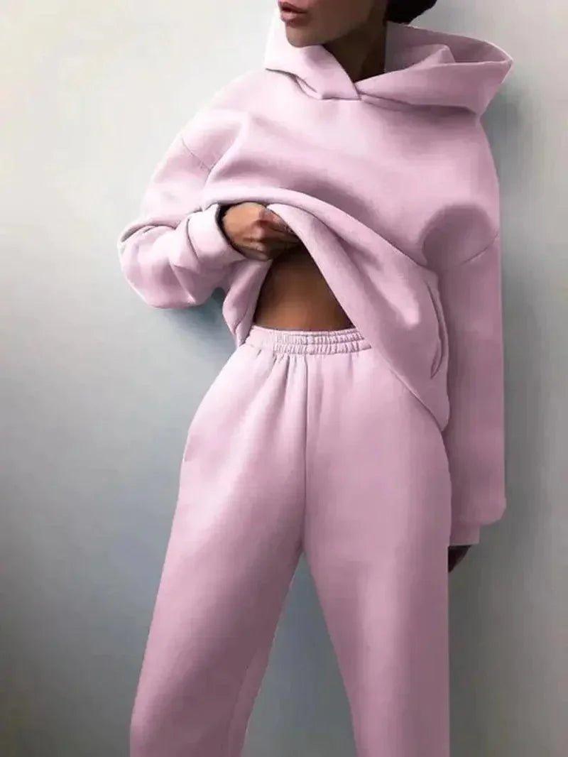 Pink women's hoodie and jogger set, cozy fashion loungewear for casual style