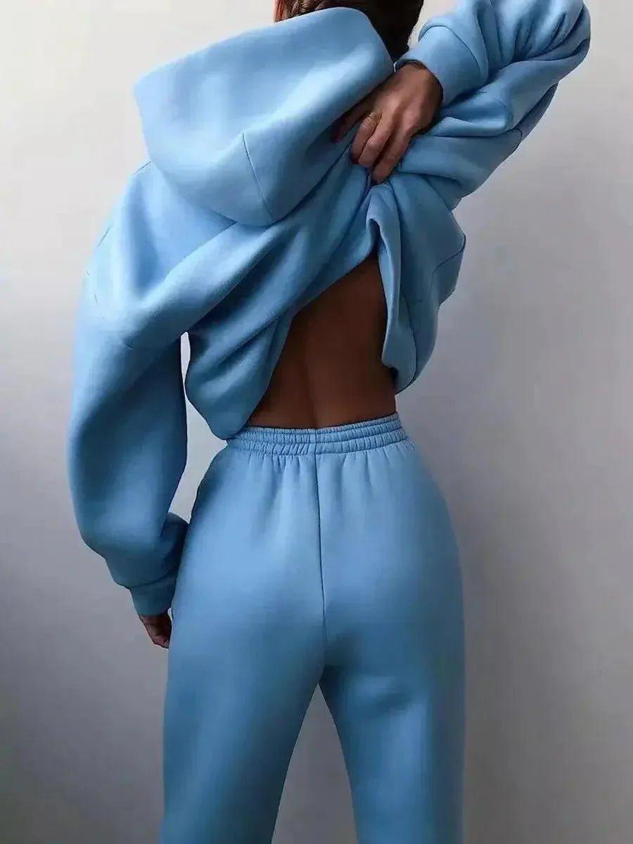 Light blue backless hoodie and matching joggers for women's fashion