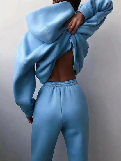 Light blue backless hoodie and matching joggers for women's fashion