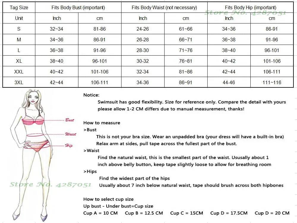 Women's swimsuit size chart with bust, waist, hip measurements and fitting guide for fashion swimwear