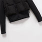 Black puffer jacket with front zipper and side pockets, women's fashion outerwear